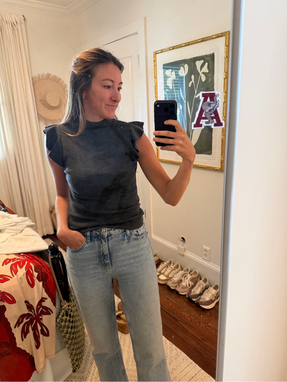 Alice + Olivia Black Ruffle Shoulder Knit Tank